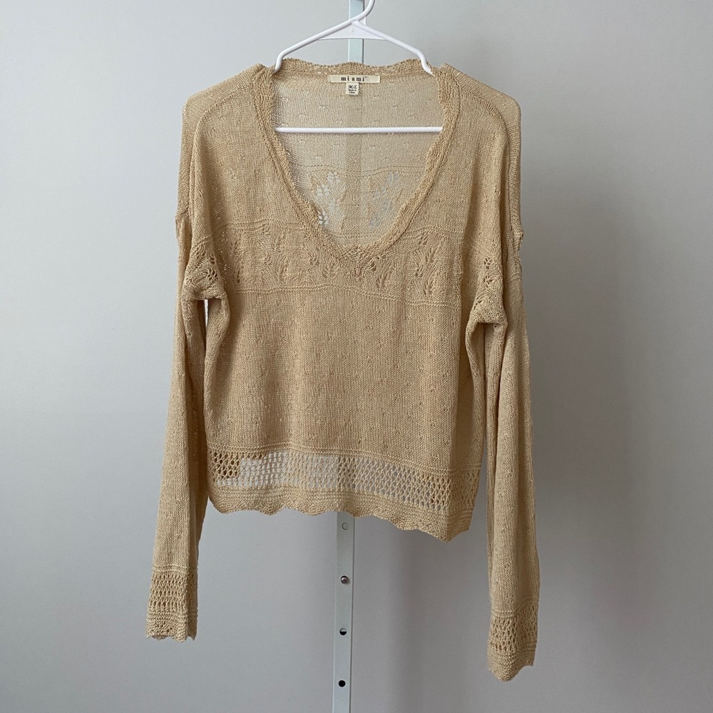 Miami Boho Beachy Relaxed Crochet Knit Pointelle V-Neck Sweater M/L Tan
